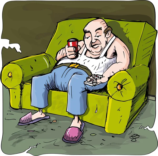 Мультфильм ленивого пьющего человека на диване с пультом от телевизора — стоковый вектор