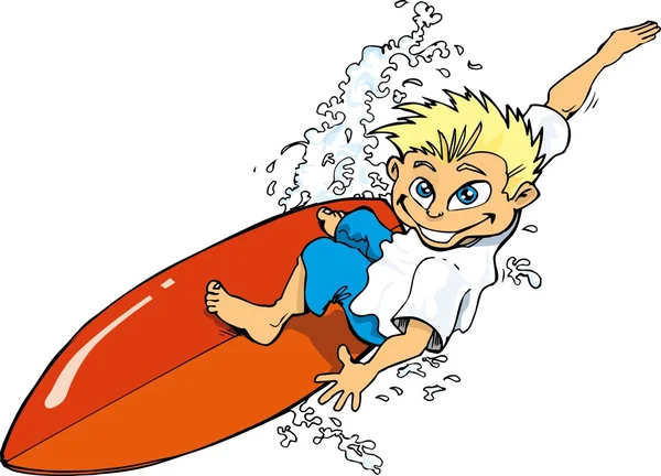 Caricatura surfista chico cabalgando un surf board — Archivo Imágenes Vectoriales