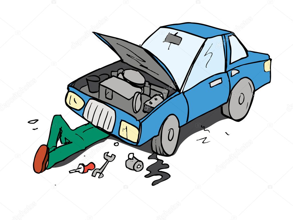 Cartoon of mechanic working on a car