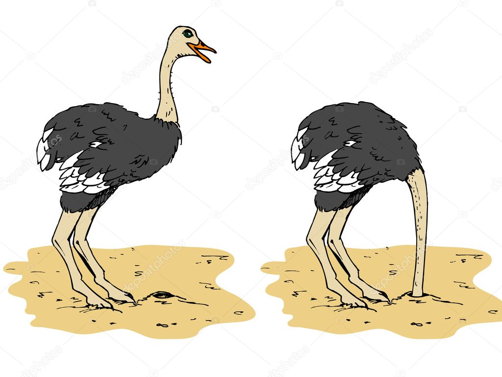 Cartoon ostrich with head below sand