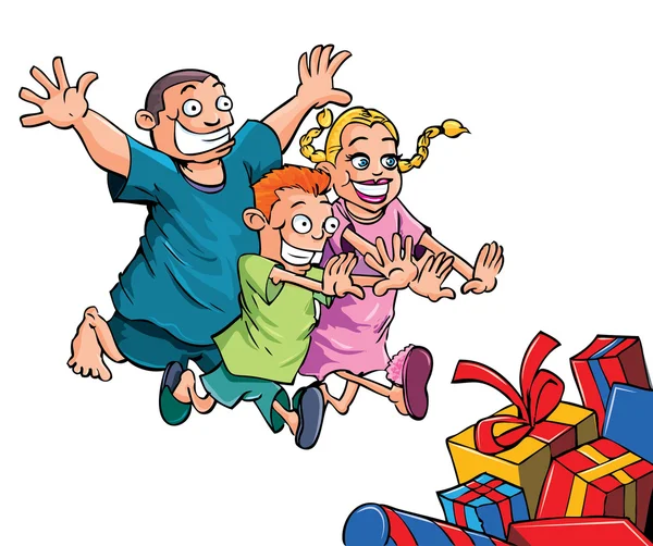 Crianças dos desenhos animados correndo para seus presentes de Natal —  Vetores de Stock