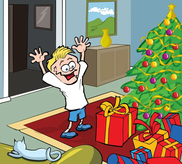 Cartoon kid on Christmas morning opening gifts — Stock Vector
