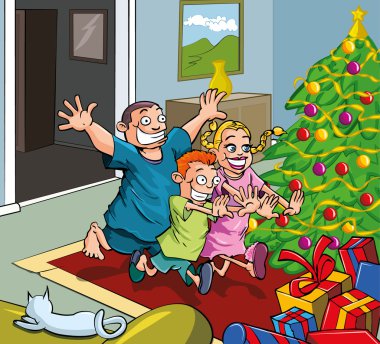 Cartoon kids running toward christmas tree clipart
