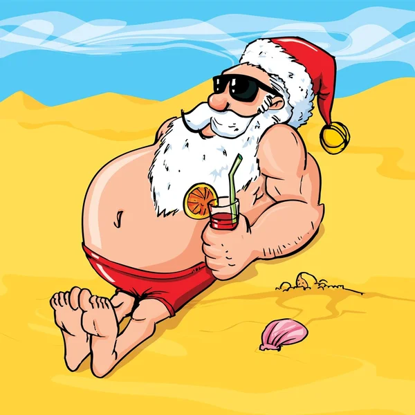 Cartoon-Weihnachtsmann am Strand — Stockvektor