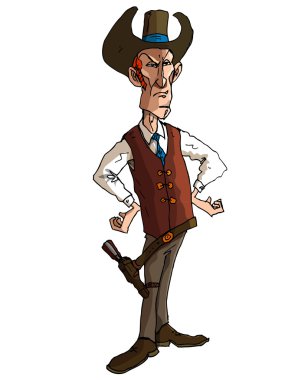 Cartoon cowboy with a gun belt and cowboy hat clipart