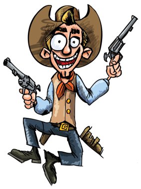 Cartoon cowboy jumping up and down with six guns clipart