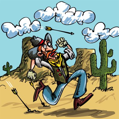 Cartoon cowboy running from indian arrows clipart