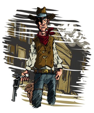 Cowboy gunslinger draws his six shooter clipart