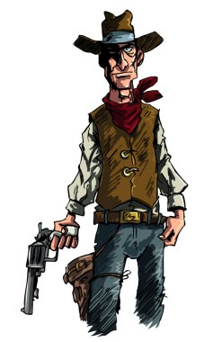 Cartoon cowboy gunslinger draws his six shooter clipart