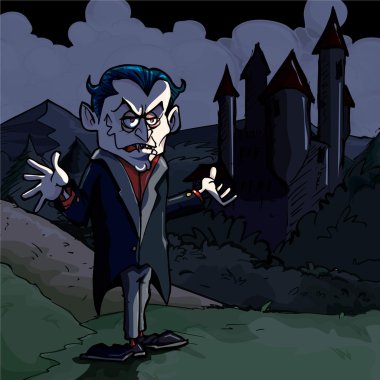 Cartoon illustration of Dracula and castle clipart