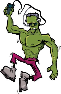 Cartoon Frankenstein monster with MP3 player clipart