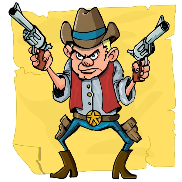 Carino cartone animato cowboy in possesso di sei pistole — Vettoriale Stock