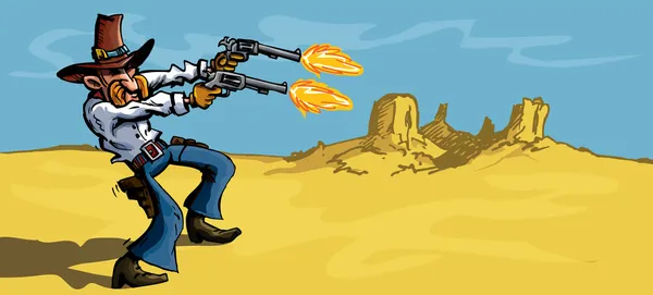 Vaquero de dibujos animados en el desierto disparando sus armas sx — Vector de stock