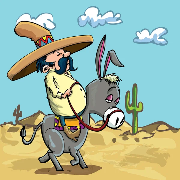 Cartoon Mexican riding a donkey in the desert — Stock Vector