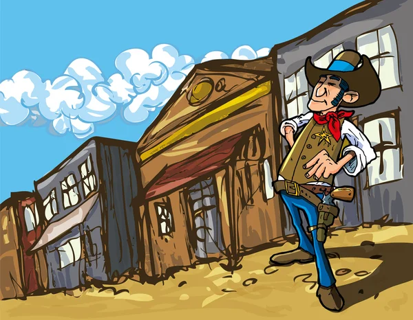 Vaquero de dibujos animados en una ciudad occidental del viejo oeste — Vector de stock