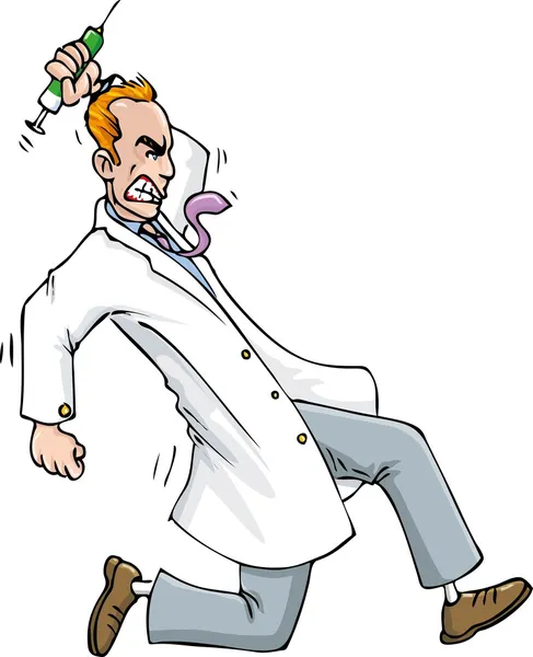 Desenhos animados do médico psiquiatra correndo com uma seringa — Vetor de Stock