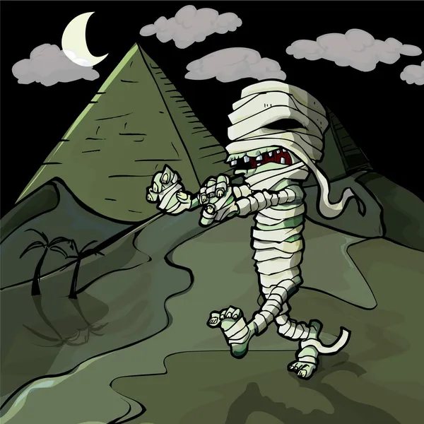 Scary dibujos animados momia egipcia frente a las pirámides — Vector de stock