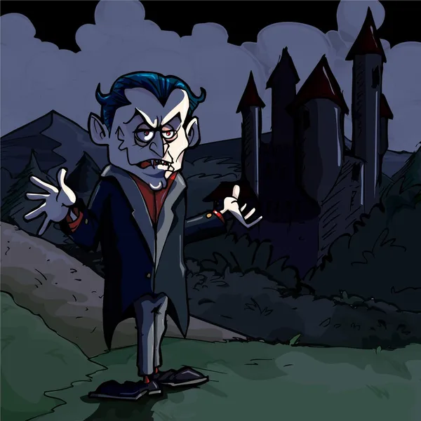 Desenhos animados ilustração de Drácula e castelo —  Vetores de Stock