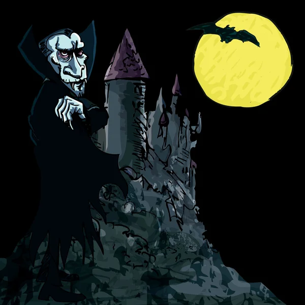 Vampiro de dibujos animados con un castillo en el fondo — Vector de stock