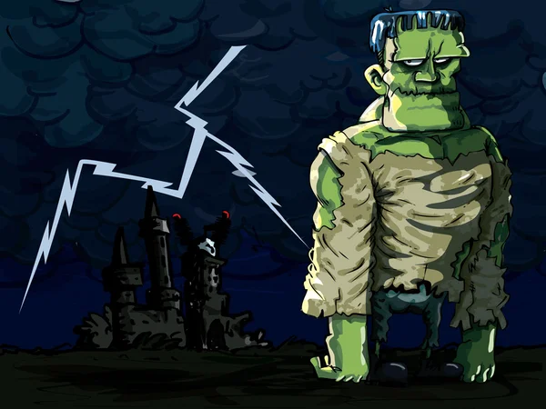 Dessin animé monstre Frankenstein dans une scène de nuit — Image vectorielle