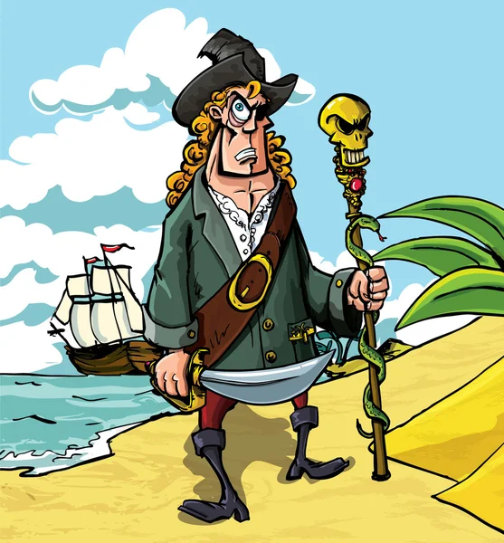 Pirata dos desenhos animados em uma praia —  Vetores de Stock