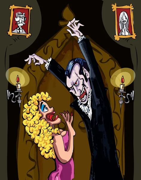 Dibujos animados vampiro amenazando a una mujer rubia — Vector de stock