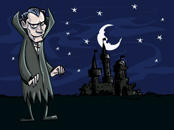 Dibujos animados de vampiro frente a un castillo espeluznante — Vector de stock