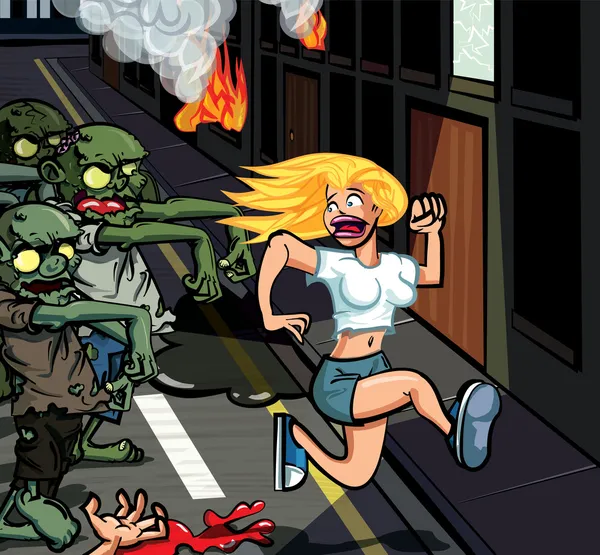 Çizgi film zombi kadın peşinde — Stok Vektör