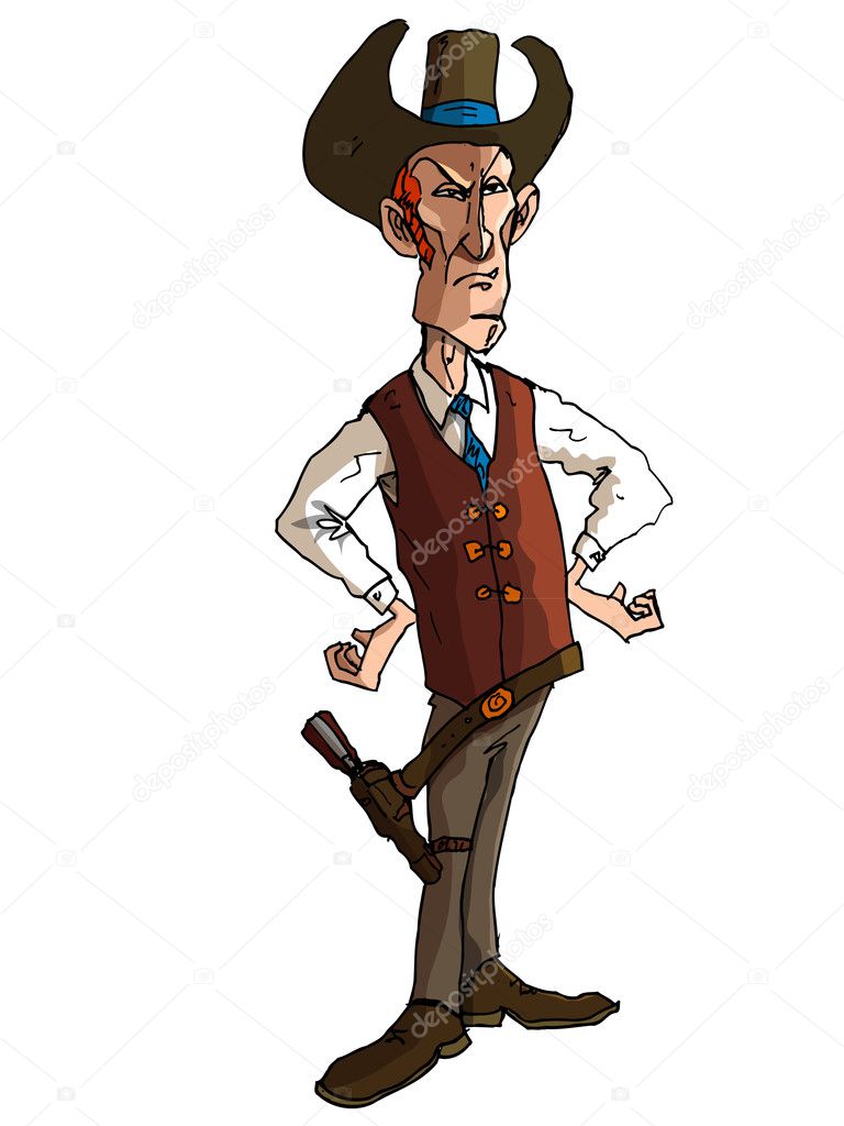 Cartoon cowboy with a gun belt and cowboy hat