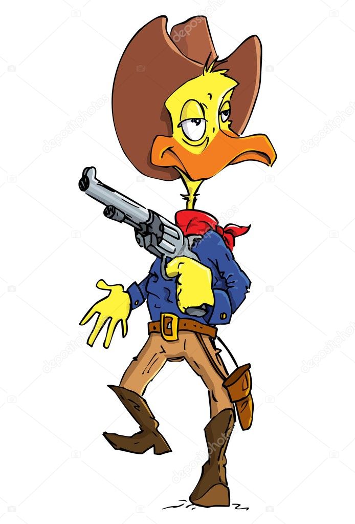 Cartoon duck cowboy with a gun belt and cowboy hat