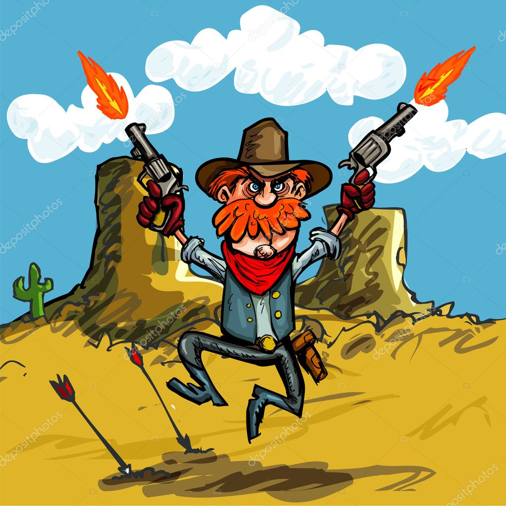 Cartoon cowboy jumping with his six guns