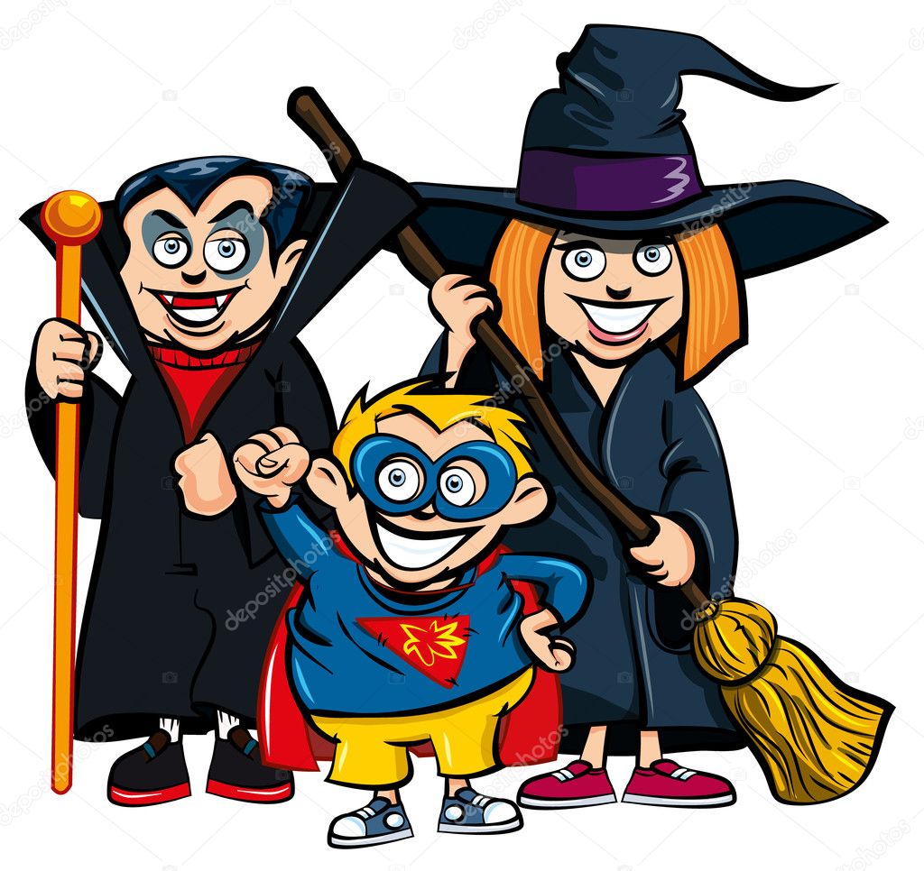 Cartoon of group of kids in Haloween costumes