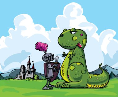 Cartoon of a knight facing a fierce dragon clipart