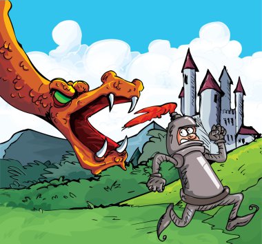 Cartoon of a knight running from a fierce dragon clipart