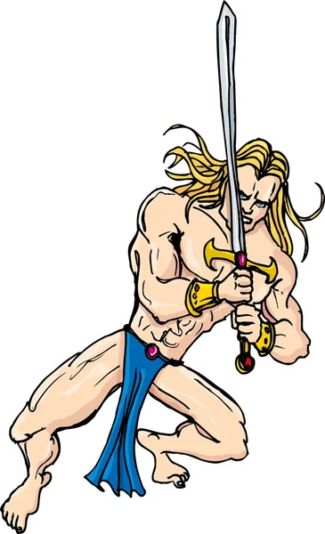 Cartoon barbarian swordsman with blonde hair — Stock Vector