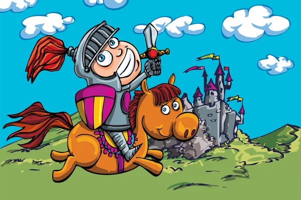 Cute cartoon knight on a horse — Stock Vector