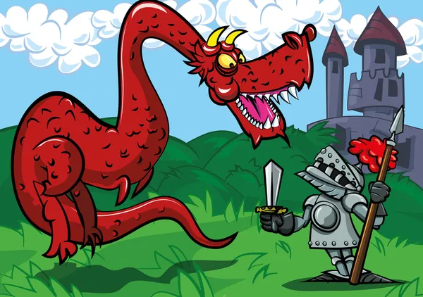 Caballero de dibujos animados frente a un gran dragón rojo — Vector de stock