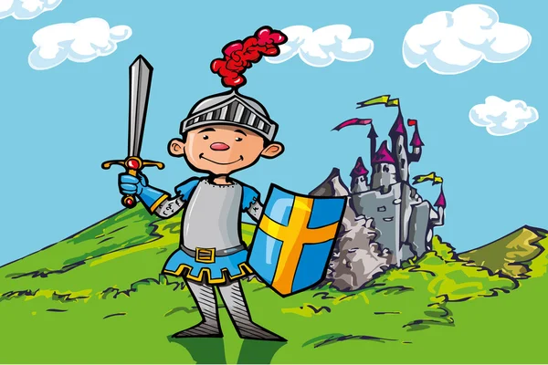 Γελοιογραφία ιππότης αγόρι μπροστά από ένα κάστρο — Διανυσματικό Αρχείο