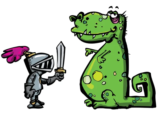 Мультфильм рыцарь в доспехах сталкивается с драконом — стоковый вектор