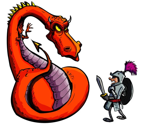 Dibujos animados de un caballero frente a un feroz dragón — Vector de stock