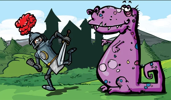 Desenhos animados de um cavaleiro correndo de um dragão — Vetor de Stock