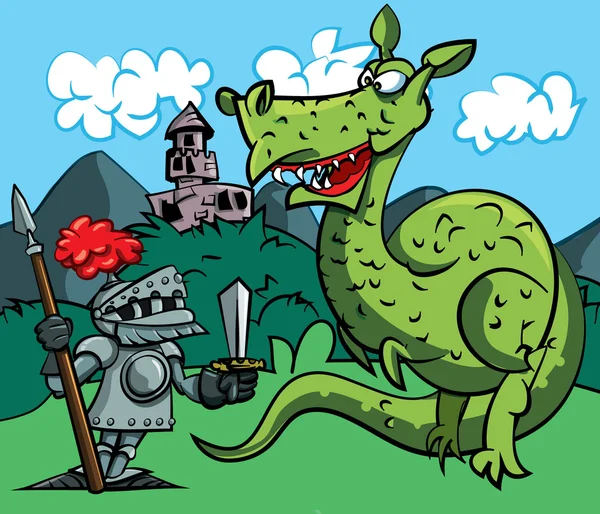 Dibujos animados de un caballero frente a un feroz dragón — Vector de stock