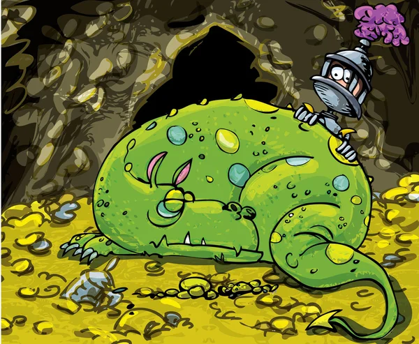 Cartoon dragon sleeping on a pile of gold — Stock Vector
