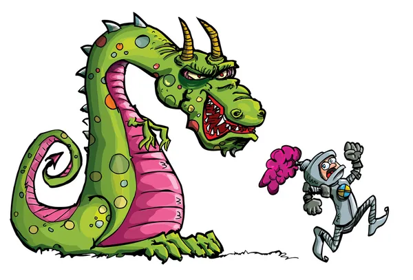 Карикатура на рыцаря, бегущего от свирепого дракона — стоковый вектор