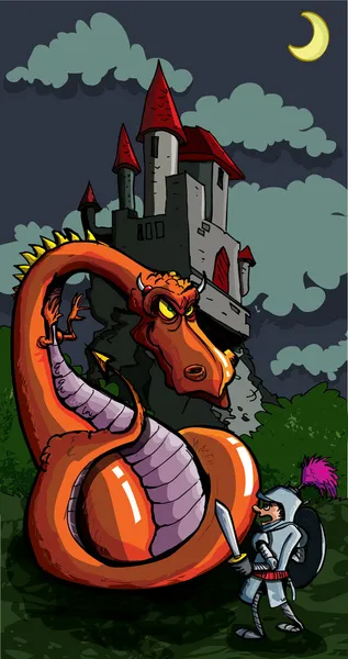 Cartone animato di un cavaliere di fronte a un feroce drago — Vettoriale Stock