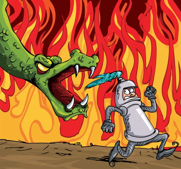 Cartone animato di un cavaliere in fuga da un drago feroce — Vettoriale Stock