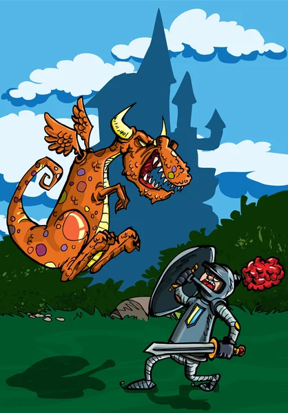 Cartone animato di drago che attacca un cavaliere — Vettoriale Stock