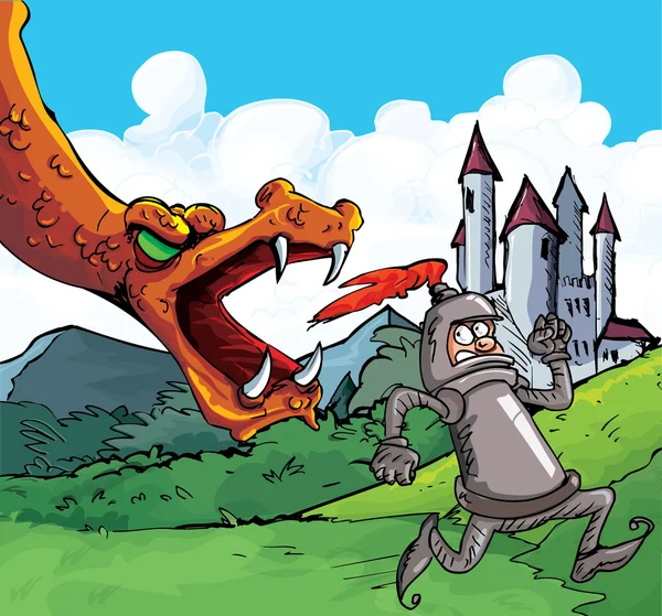 Desenhos animados de um cavaleiro correndo de um dragão feroz — Vetor de Stock
