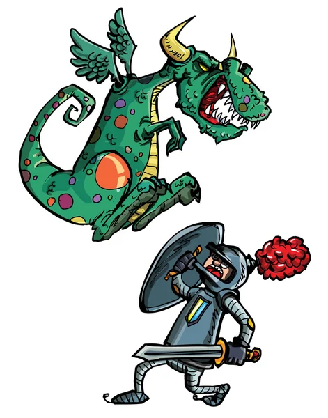 Desenhos animados de dragão atacando um cavaleiro — Vetor de Stock