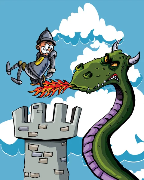 Caballero de dibujos animados quemado en su culo por un dragón — Vector de stock